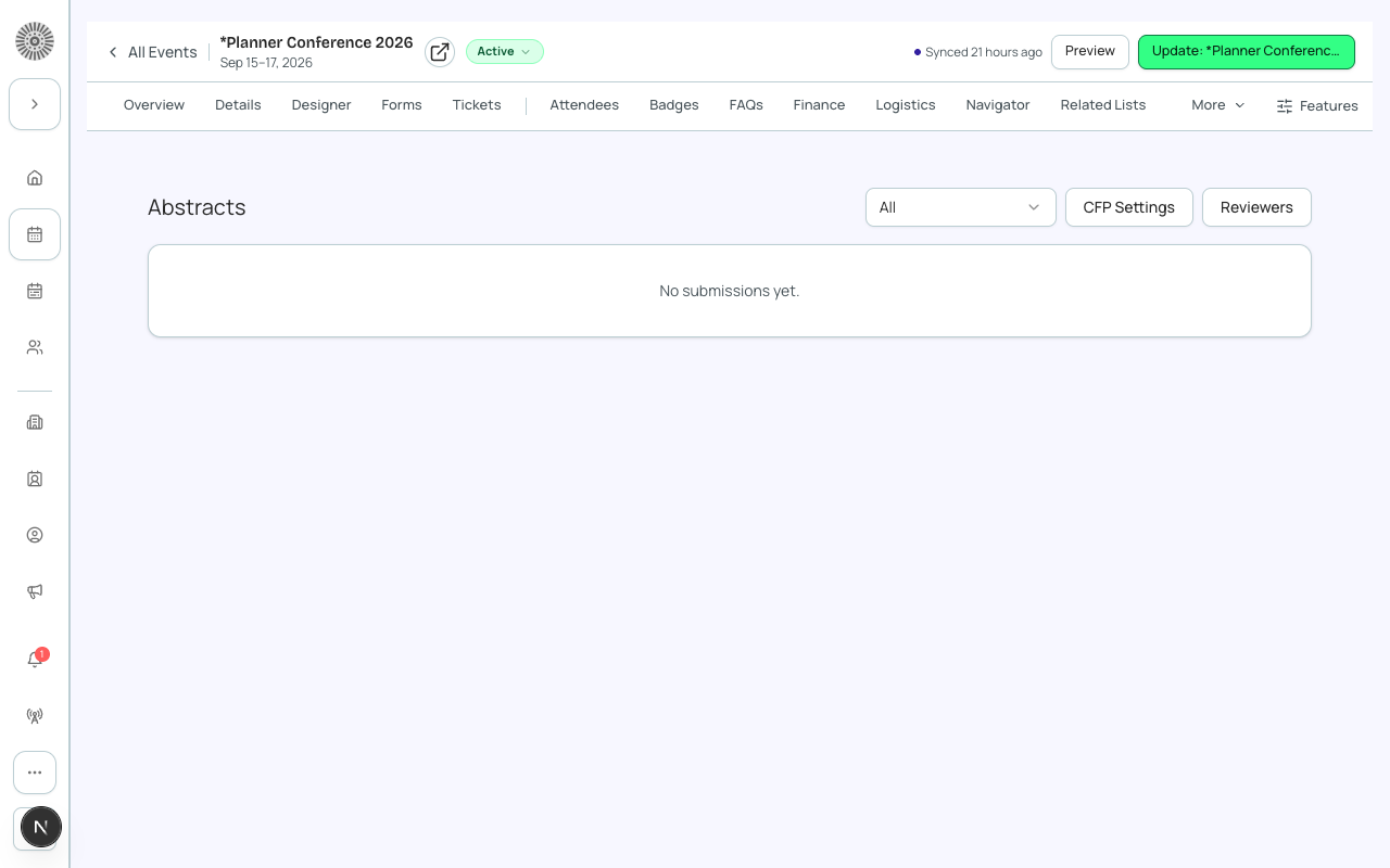 The Abstracts tab, with the CFP Settings and Reviewers controls.