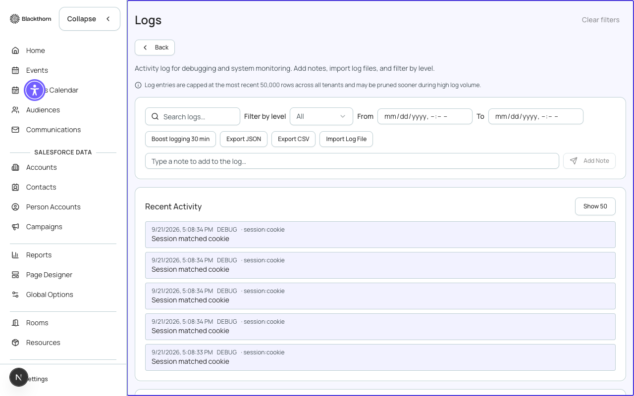 The Logs and Audit page, split between operational logs (left) and user-action audit entries (right).