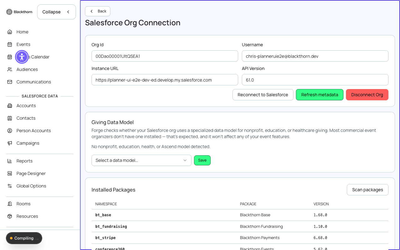 The Org Settings page showing detected packages and bridge-field configuration.