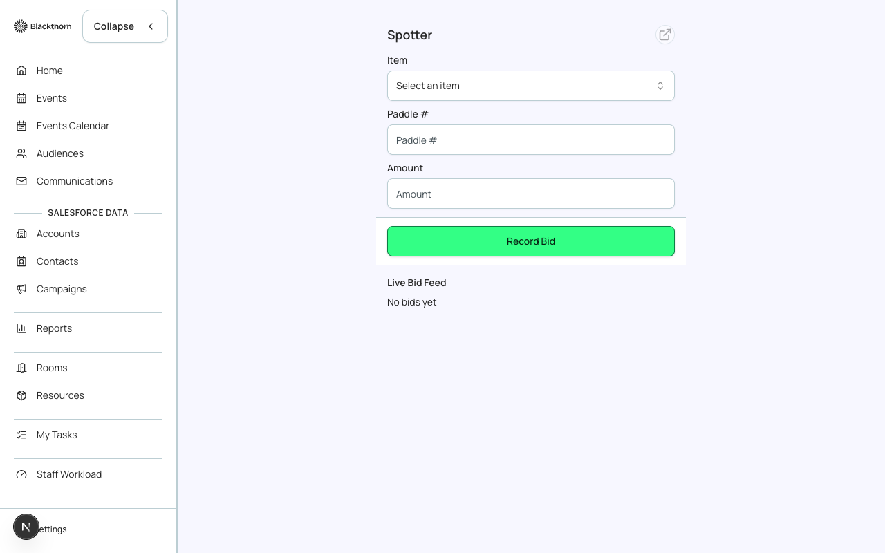 The Mobile Spotter surface, showing the bid-entry form and live bid feed.