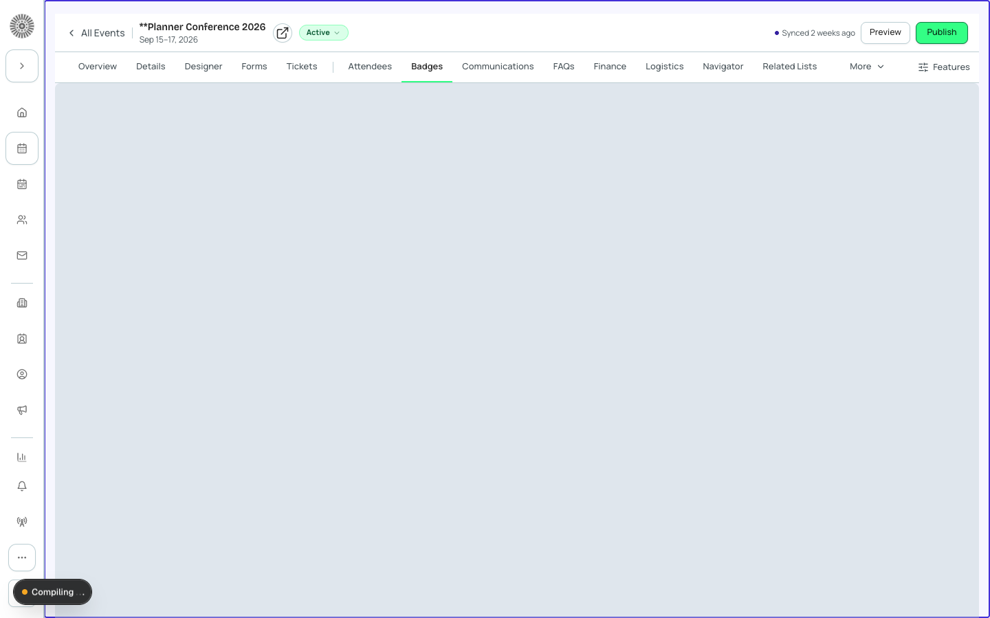 The badge canvas editor with a name badge template for Planner Conference 2026. Merge fields appear as orange tokens.