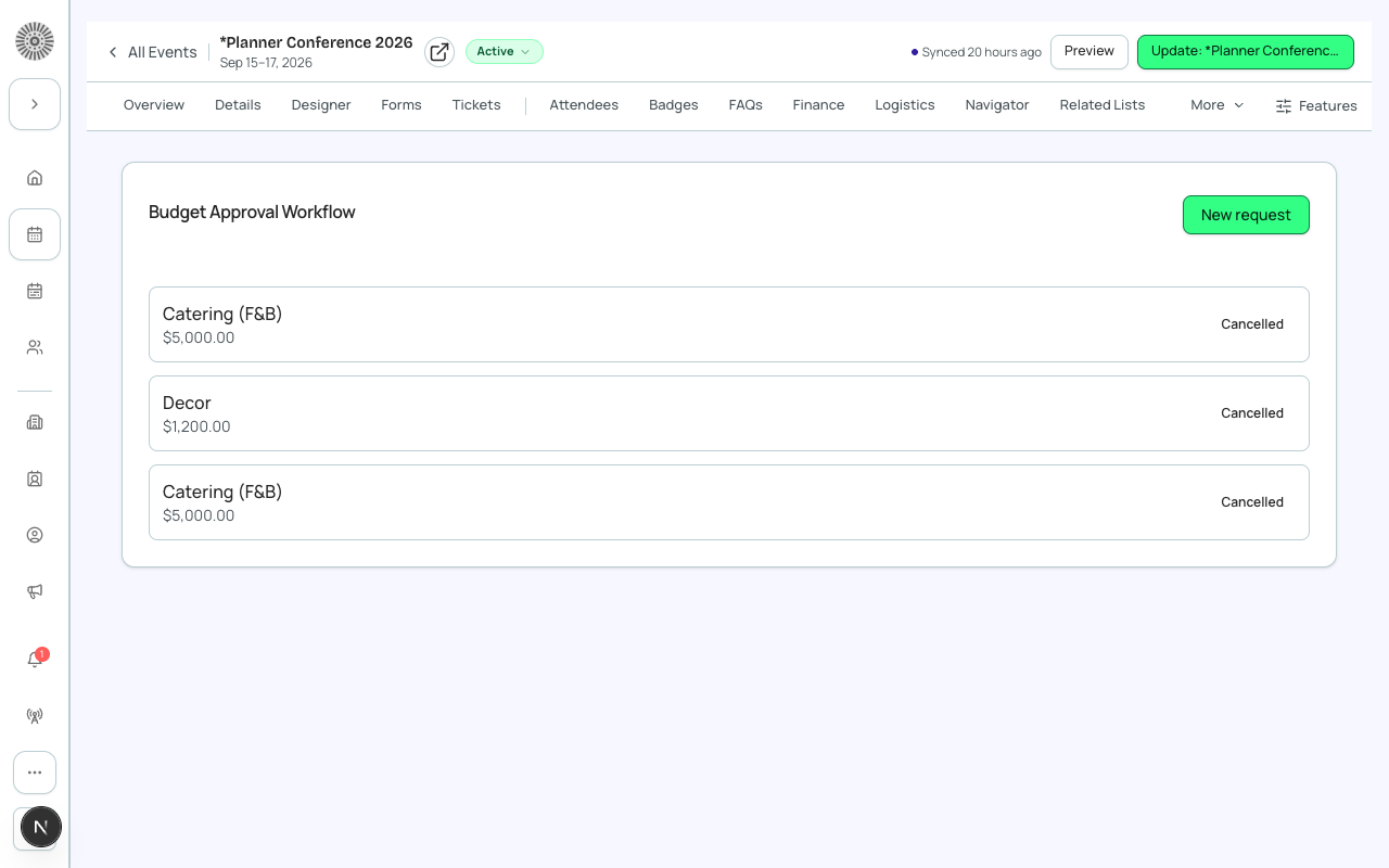 The Budget Approvals tab, on the event's manage shell.