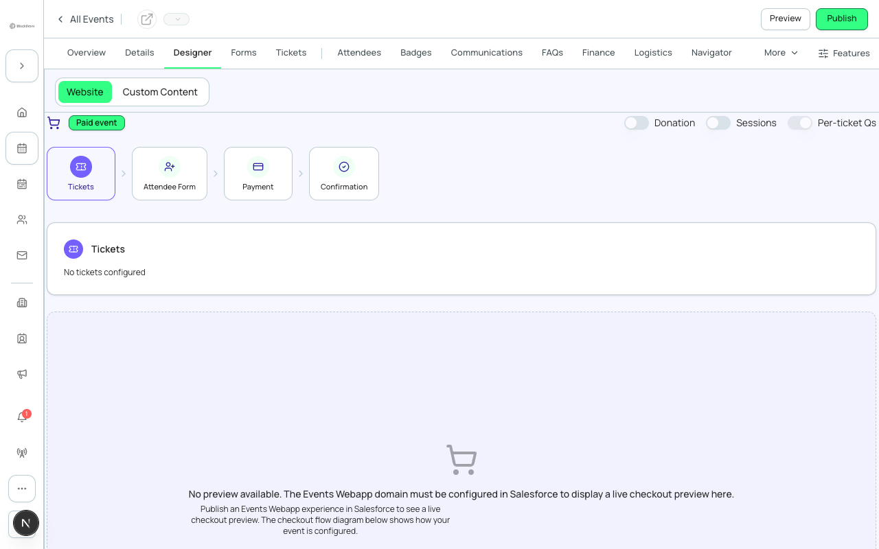 The Checkout Flow visualizer for Planner Conference 2026, showing the swim-lane step navigator and the Tickets detail panel.