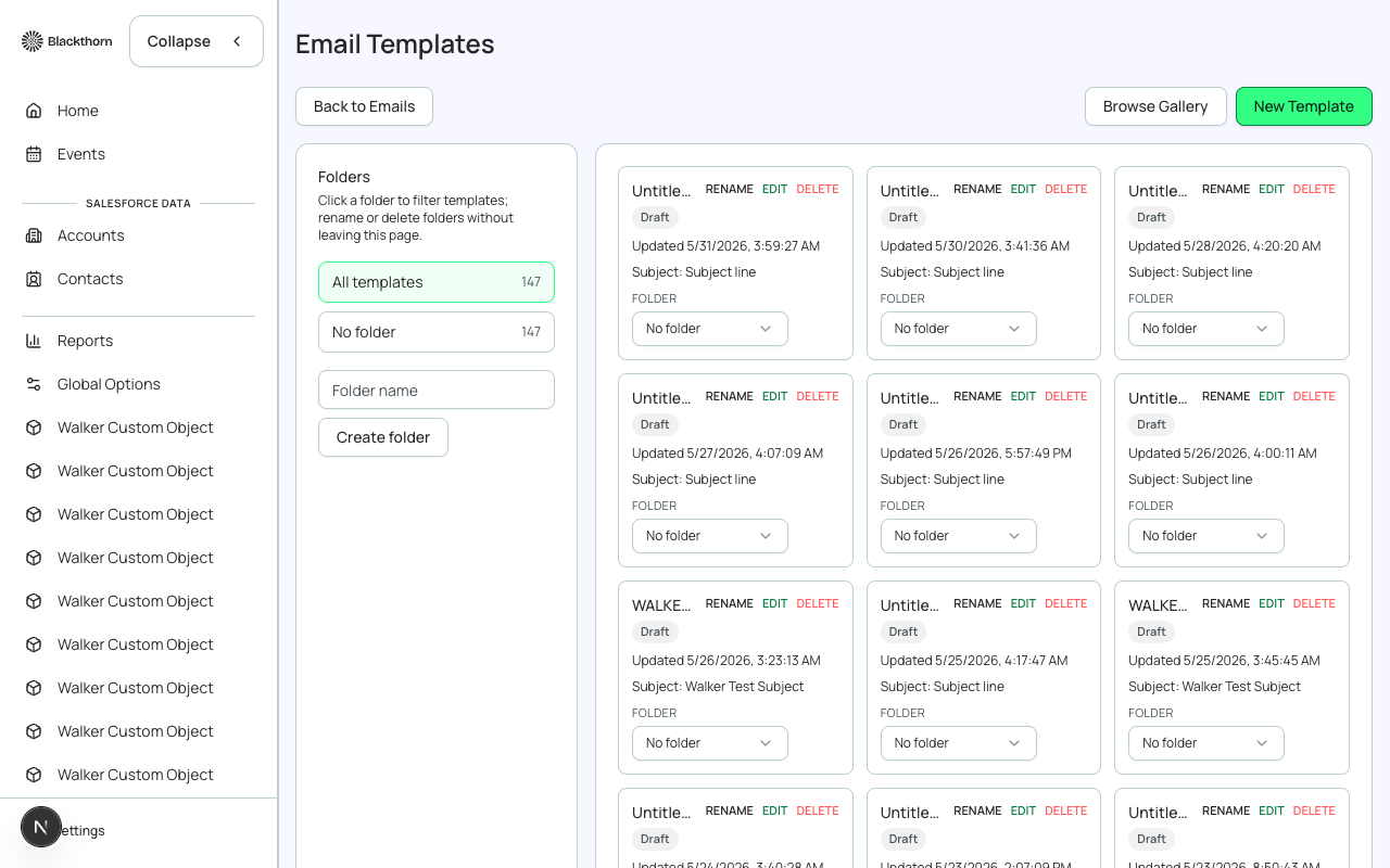 The Communications list view, showing scheduled and sent email campaigns with delivery stats.