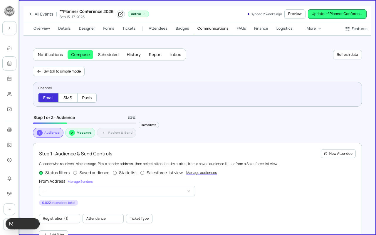 The Send Email panel on the event Communications tab, showing audience selection and delivery options.