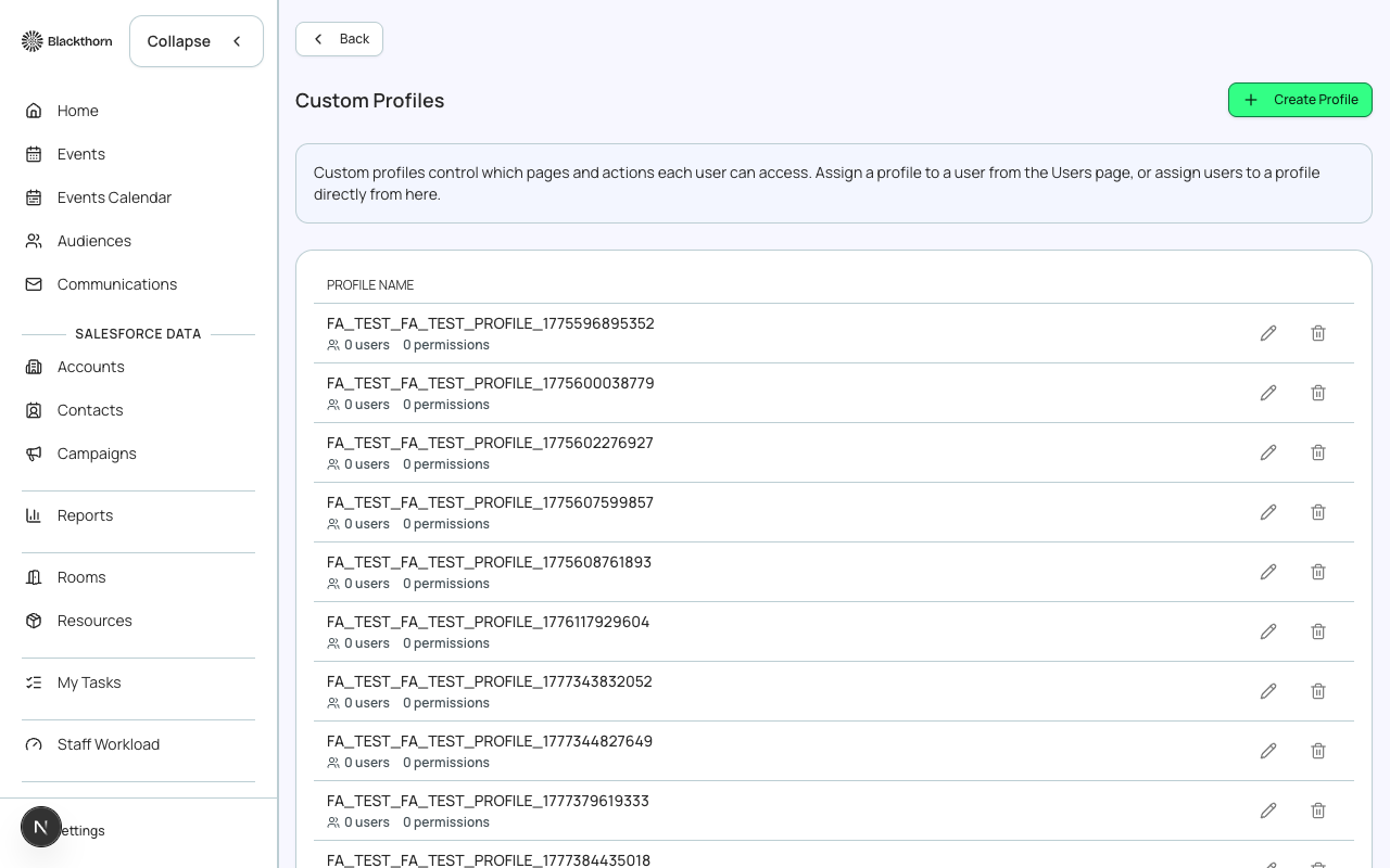 The Custom Profiles page, with seeded test profiles.
