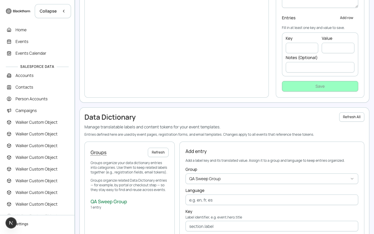 The Data Dictionary section of the Translations & Data Dictionary page, showing Groups and the Add entry form.