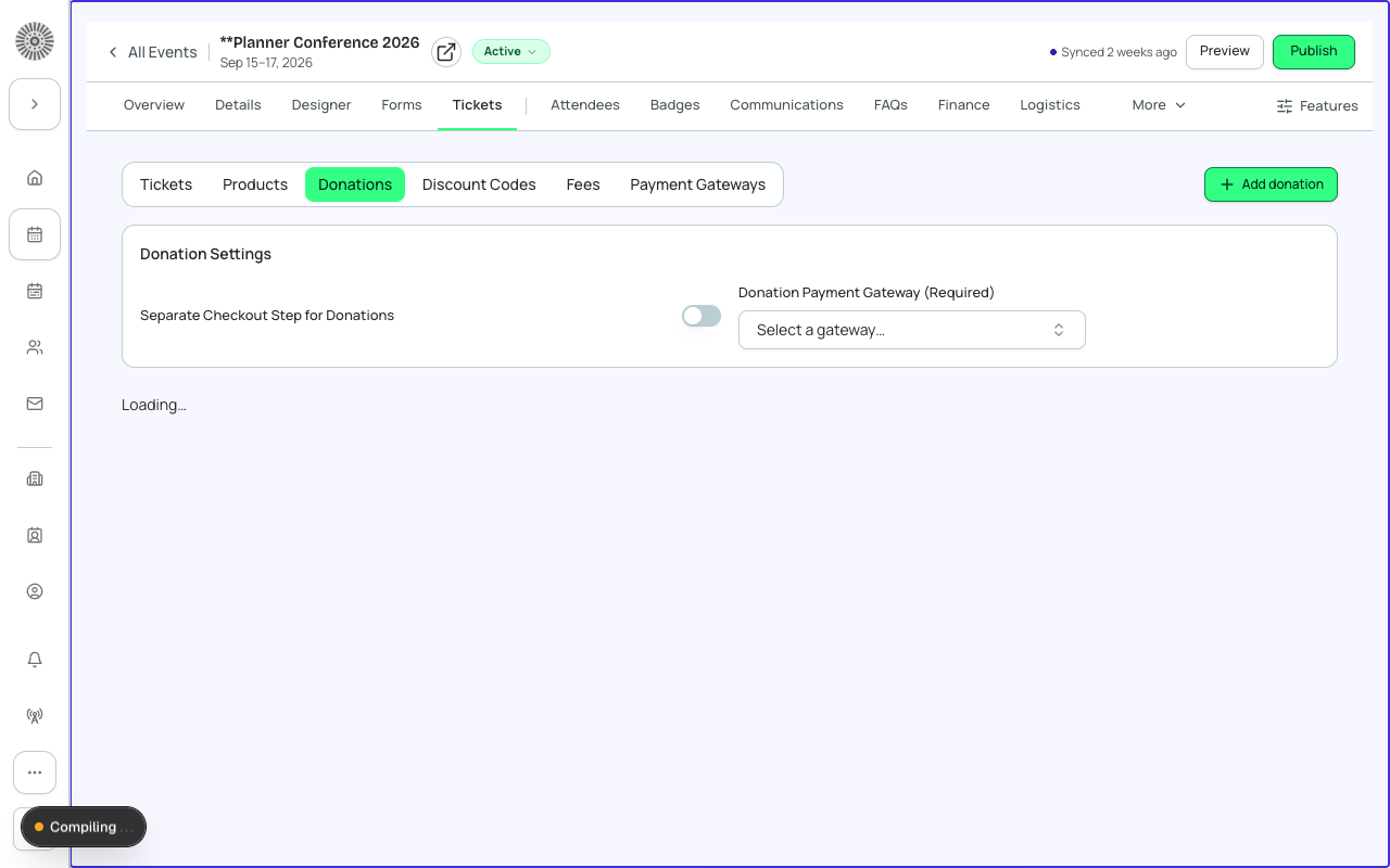 A Forge donation page for Planner Conference 2026 showing the ask array, designation picker, and Gift Aid toggle.