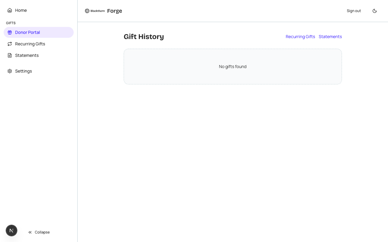 The Donor Portal dashboard showing giving history and a scheduled recurring gift.