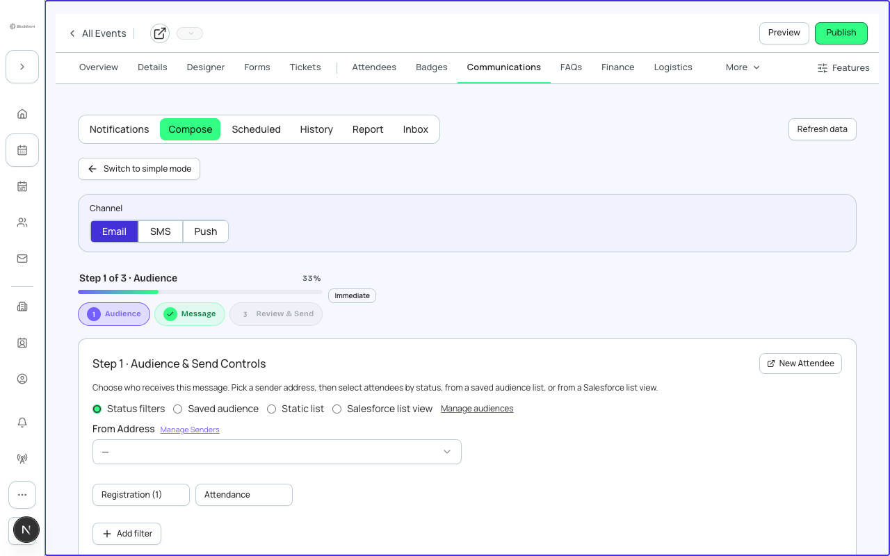 The event Communications tab showing sent and scheduled emails for Planner Conference 2026, with open and click-rate columns.