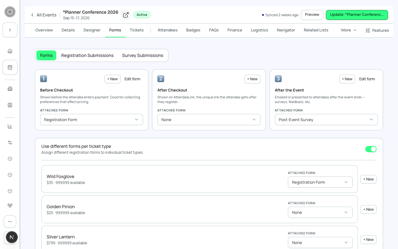 The Forms tab in an event workspace, showing a registration form with mapped Salesforce fields.