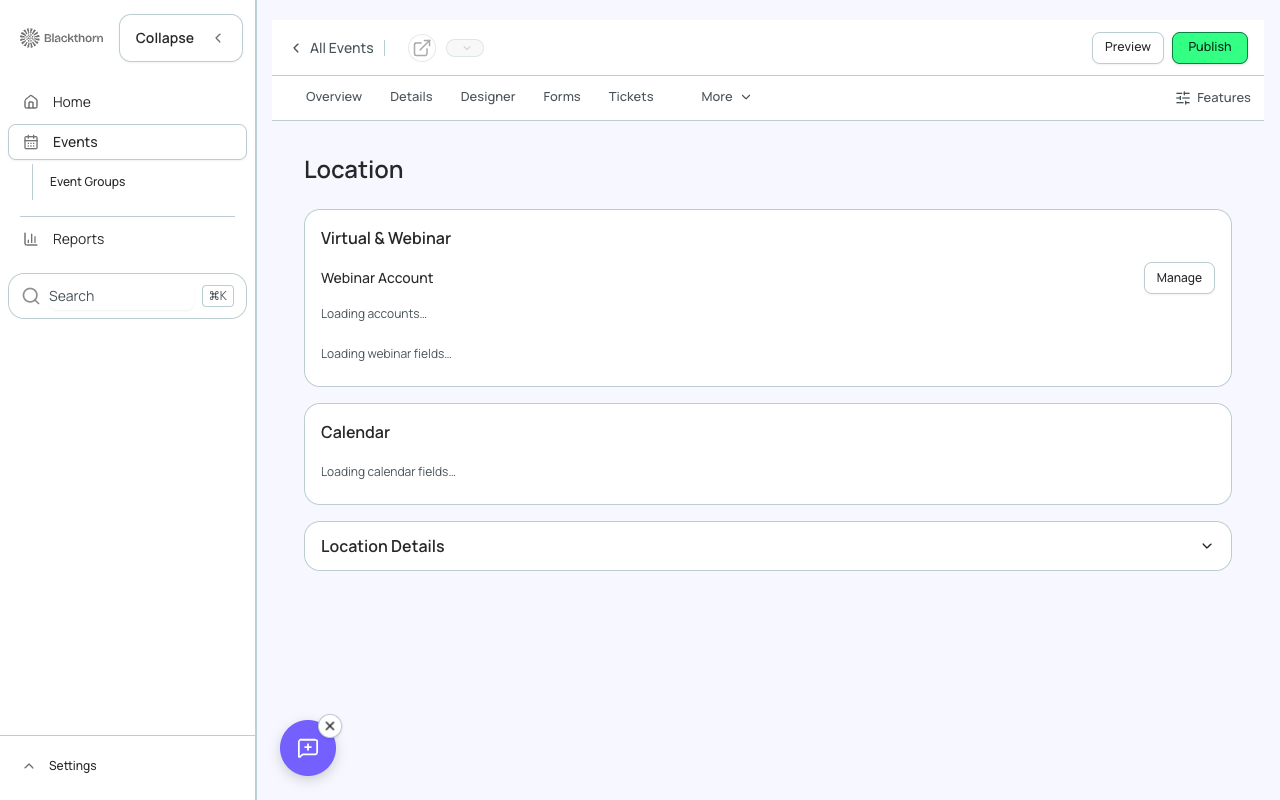 The Location tab showing venue name, address with embedded map, room details, and a virtual meeting link for hybrid sessions.
