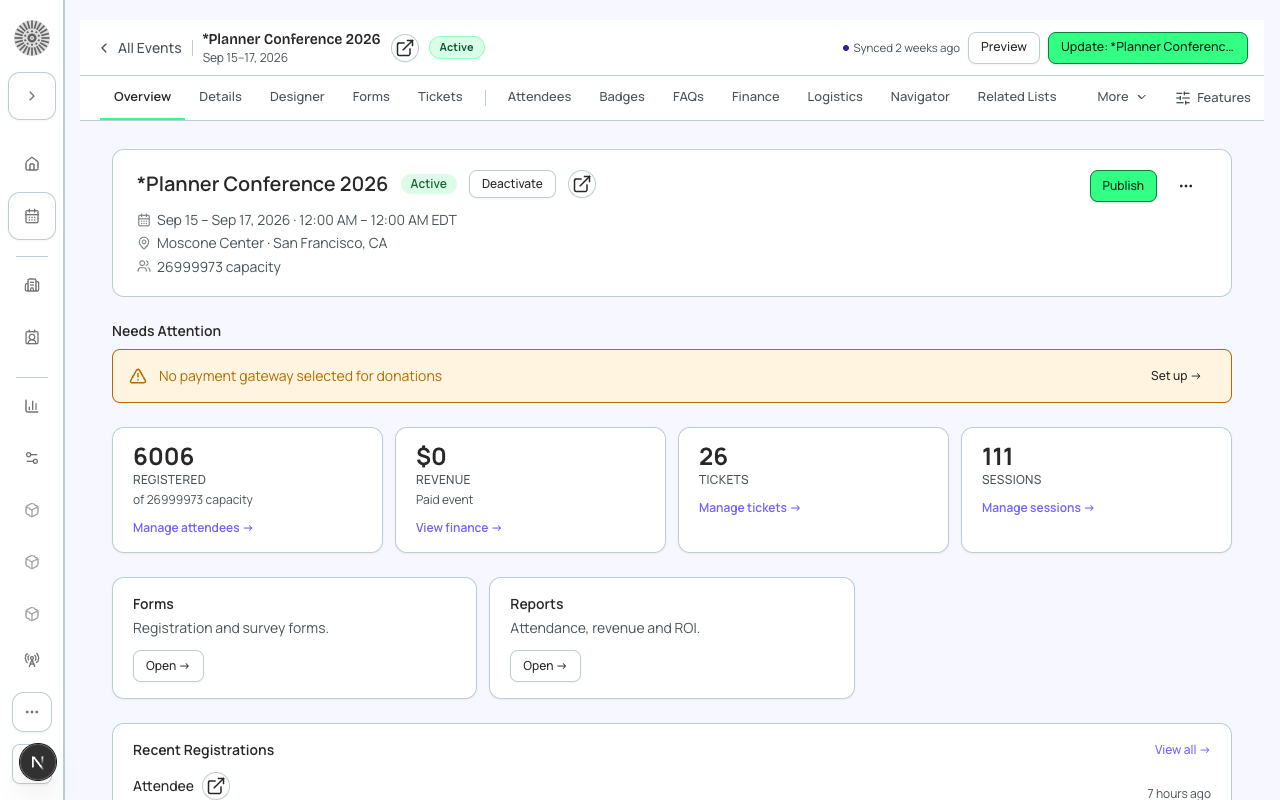 The Overview tab for Planner Conference 2026 showing 3,602 registrations, capacity status, and the top ticket types.