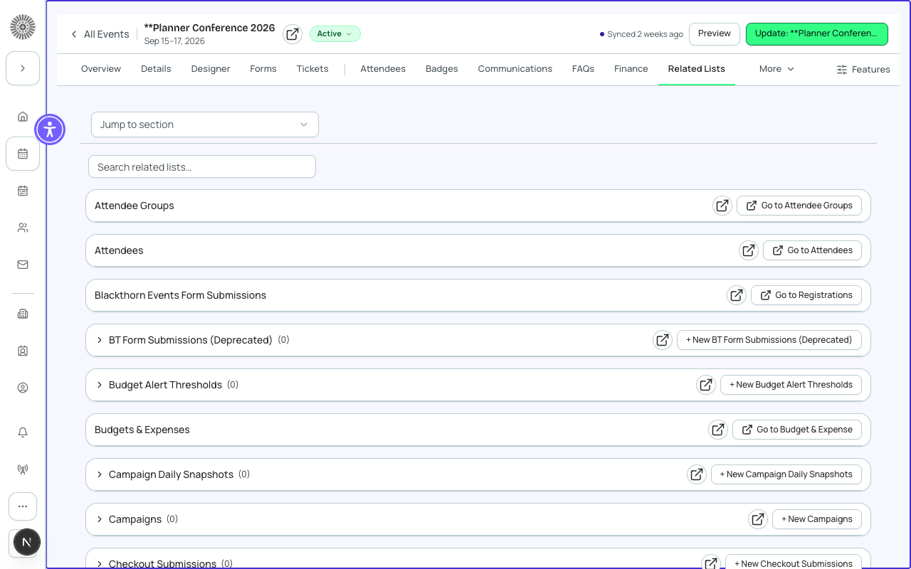 The Related Lists tab showing expandable sections for Campaigns, Fees, Invoices, and other related Salesforce objects.