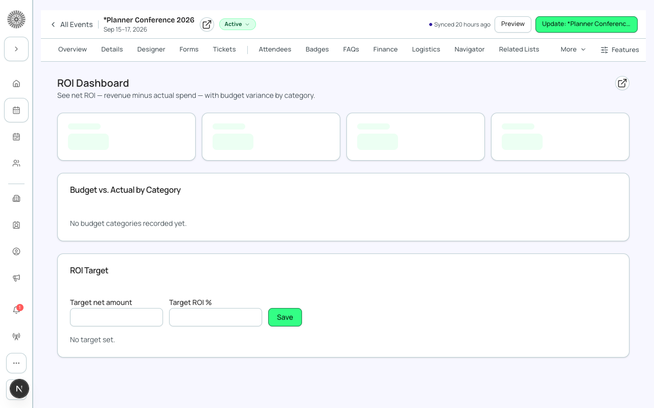 The ROI Dashboard tab, on the event's manage shell.