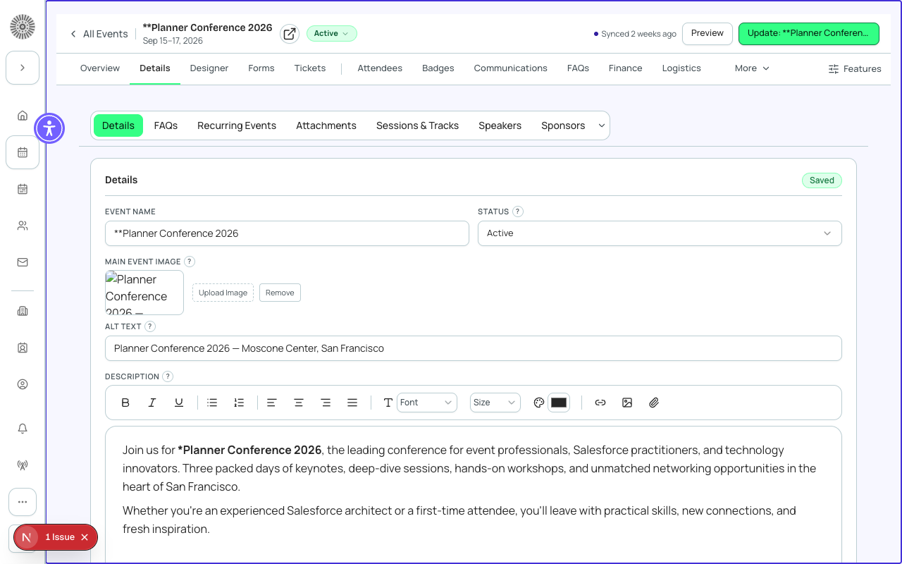The Event Info tab for Planner Conference 2026, showing all core settings fields.