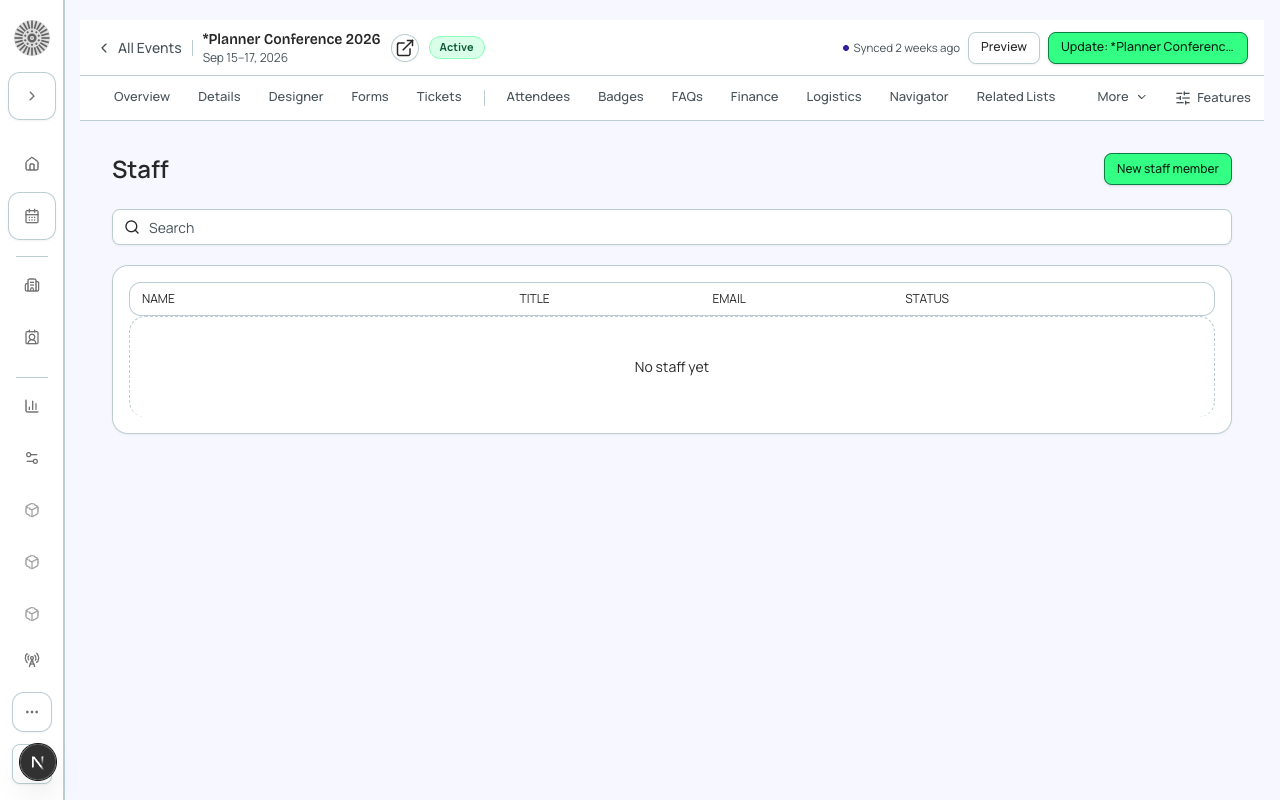 The Staff tab showing assigned staff members with roles, departments, and contact information.