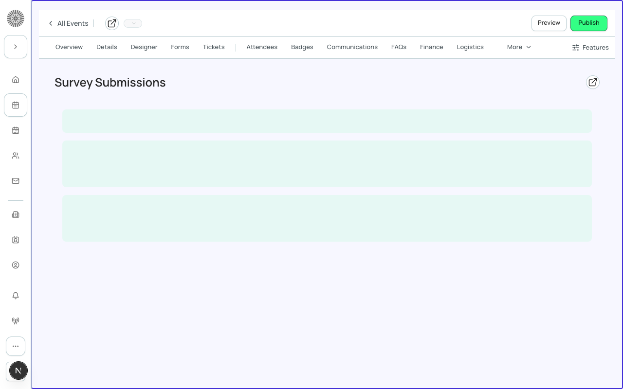 The Surveys tab showing a survey builder with an NPS question, a rating question, and an open-text question.