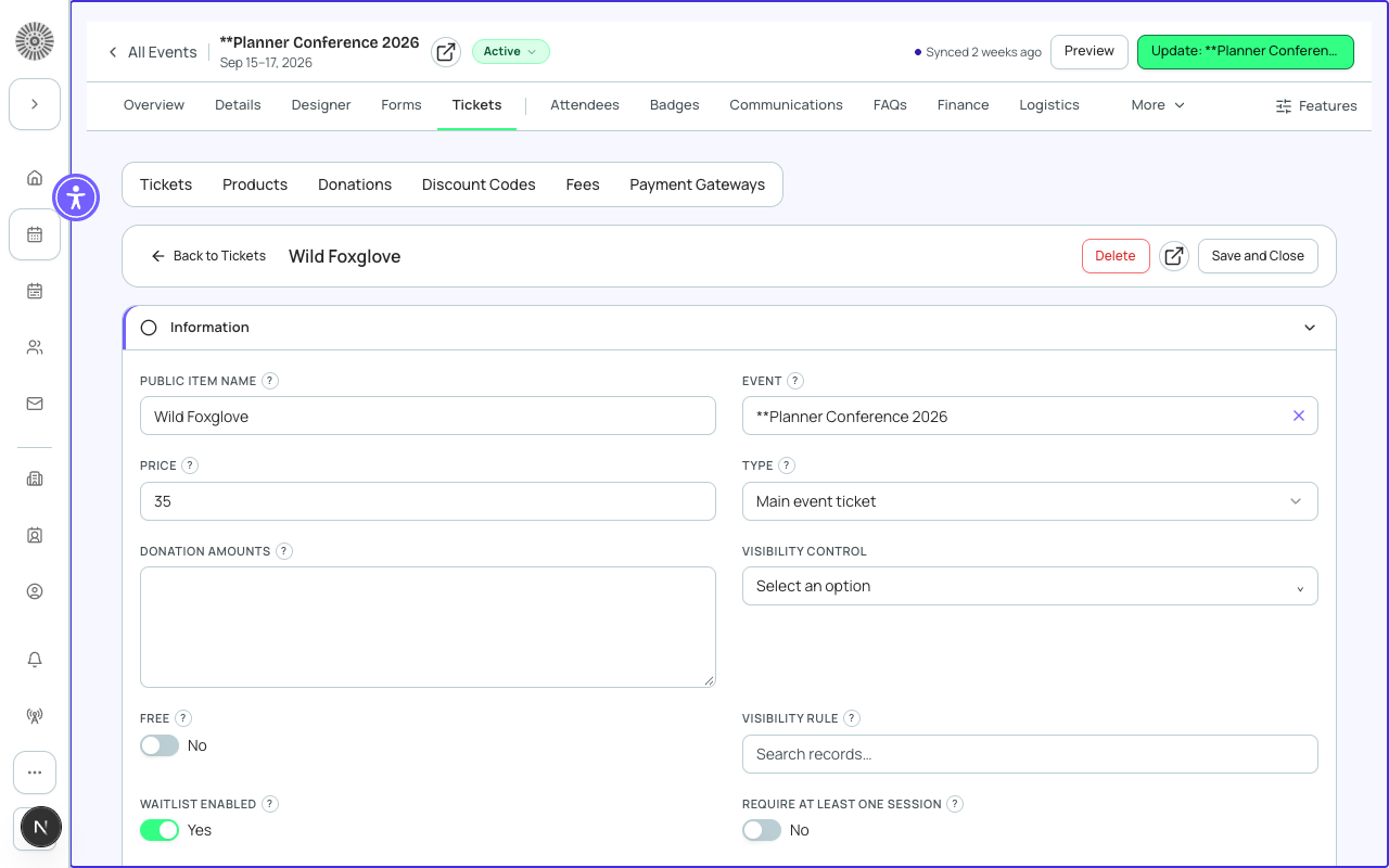 The ticket edit drawer showing all configurable fields for a paid GA ticket.