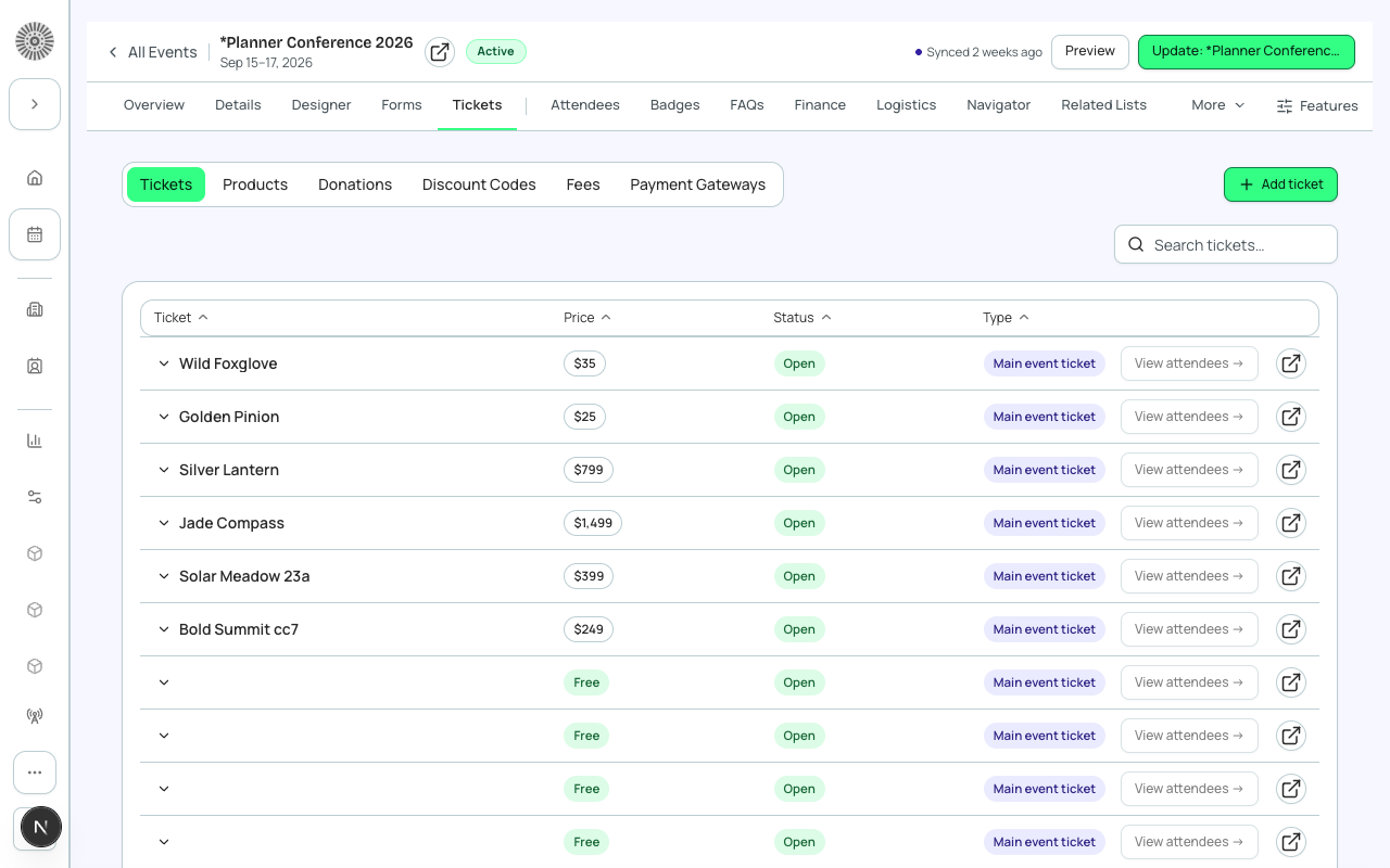 Tickets & Items tab — add ticket tiers, set prices, and manage capacity.