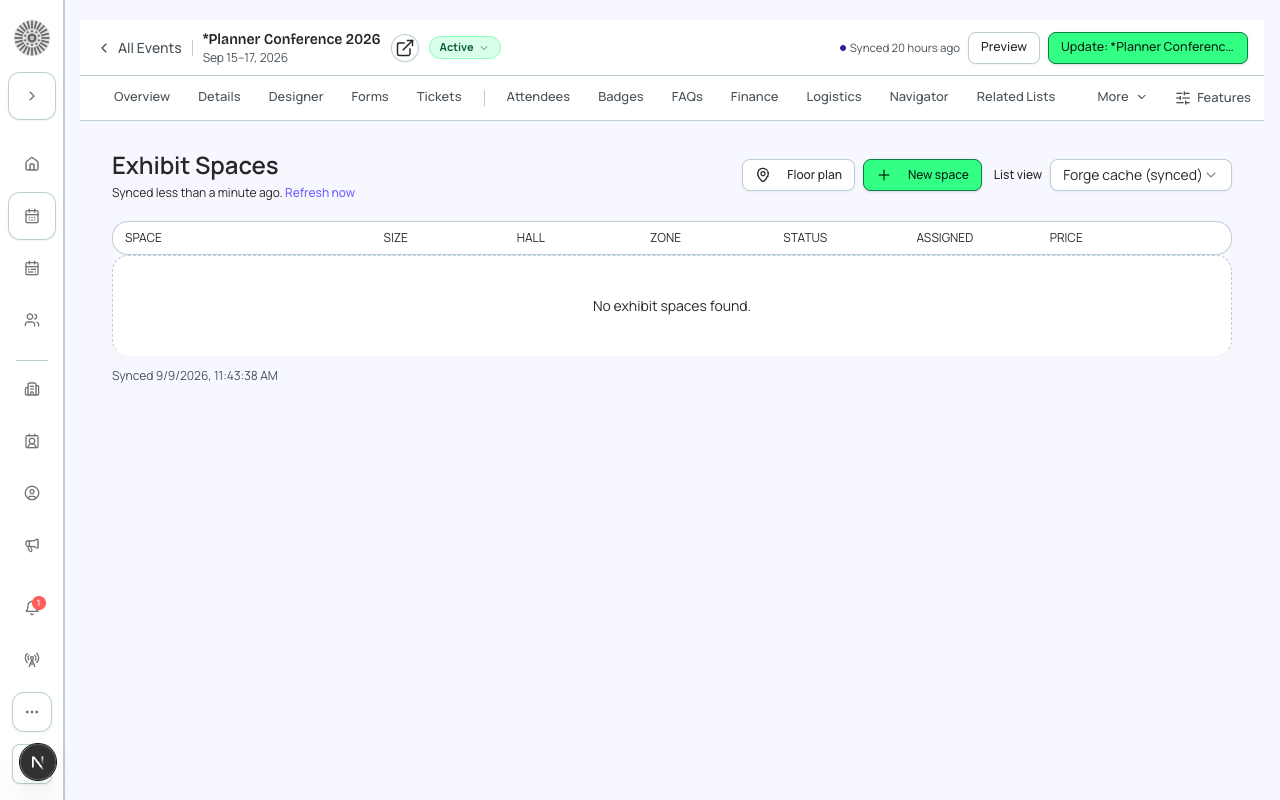 The Exhibit Spaces tab, on the event's manage shell.