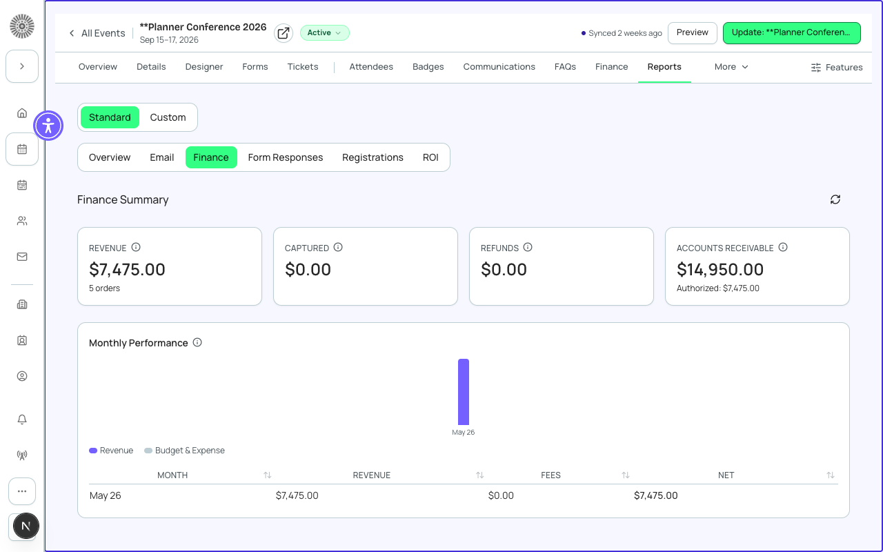 The Finance Snapshot for Planner Conference 2026 showing $187,450 gross revenue, $12,300 in fees, and $5,200 in refunds.