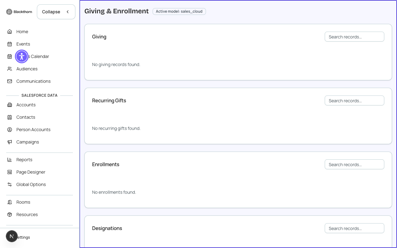 The Giving Report for Planner Conference 2026 showing total donations, recurring gift breakdown, and top donors by amount.