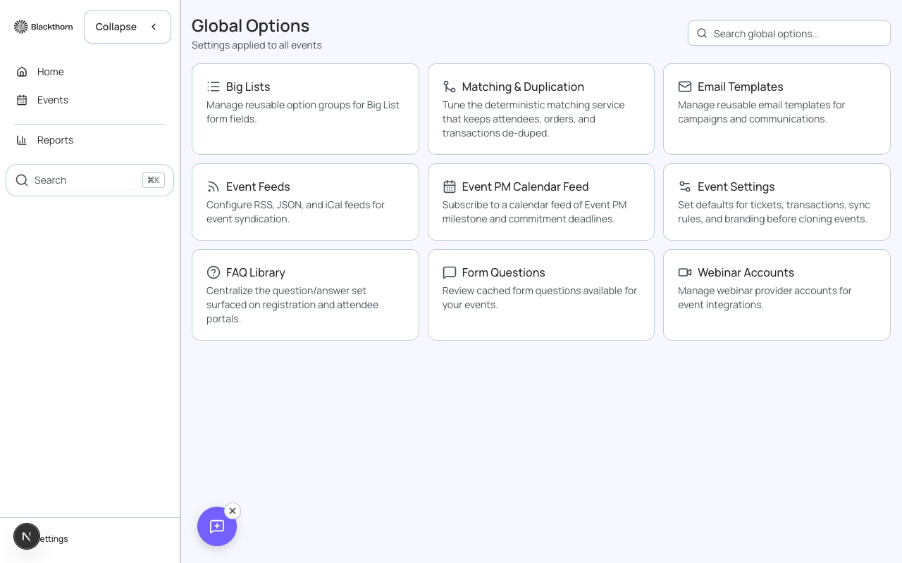 The Global Options panel showing the major configuration categories.