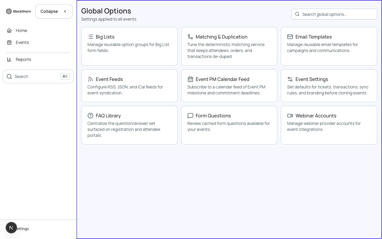 The Global Options panel, showing workspace settings grouped by category: Branding, Payment Gateways, Fees, Email, and Integrations.
