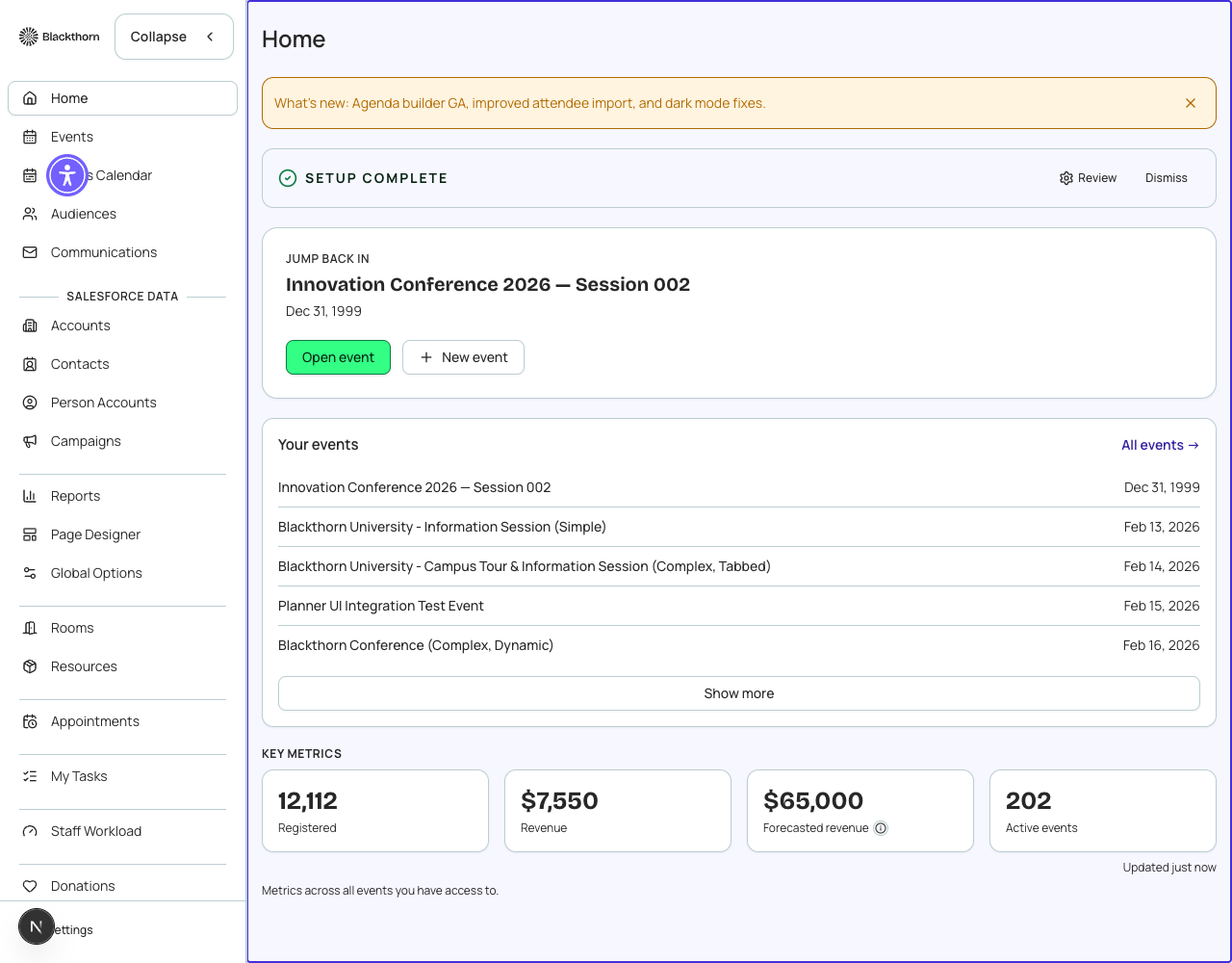 Dashboard tiles give you an at-a-glance view of your event portfolio.