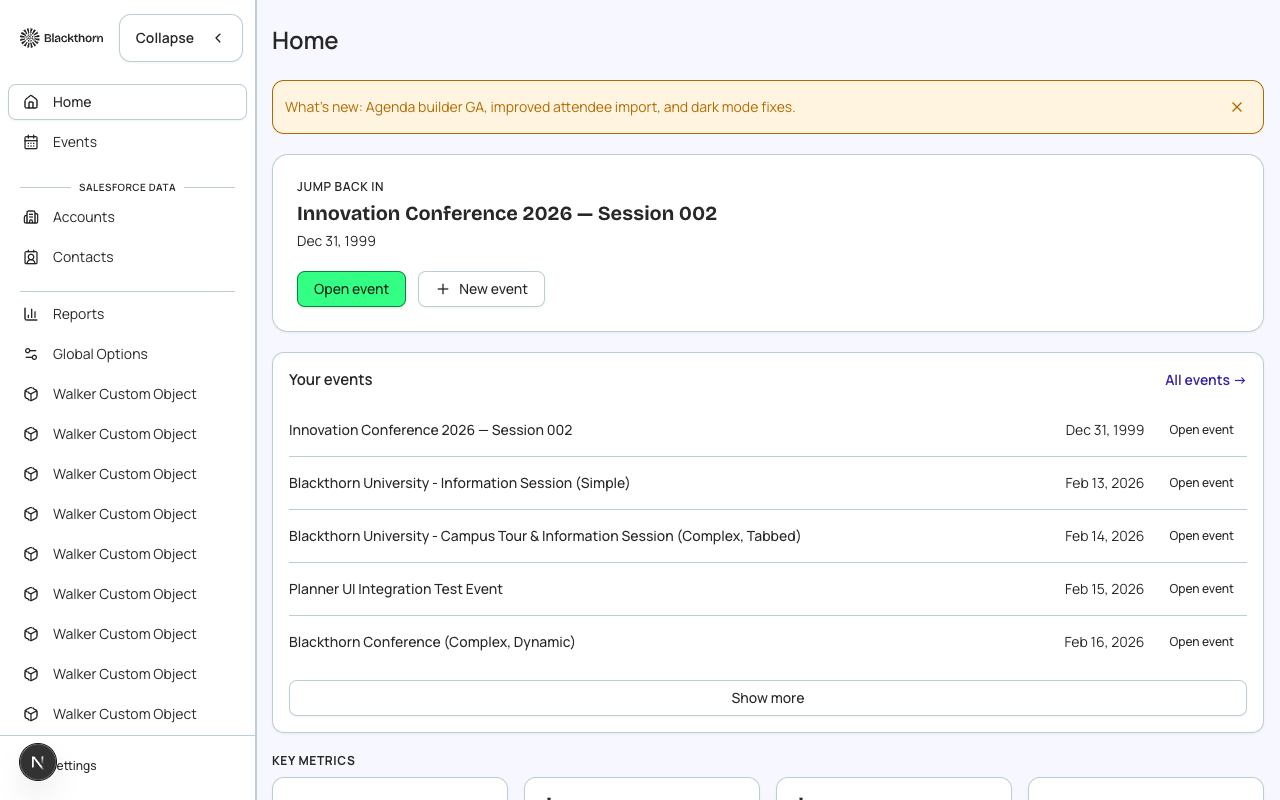 The Forge Home Dashboard showing registration trends, upcoming events, and top-line financial metrics across all active events.