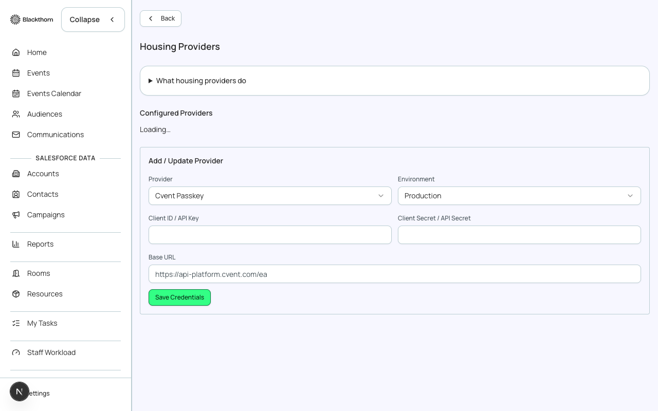 The Housing Providers page: choose a provider, environment, and enter API credentials.