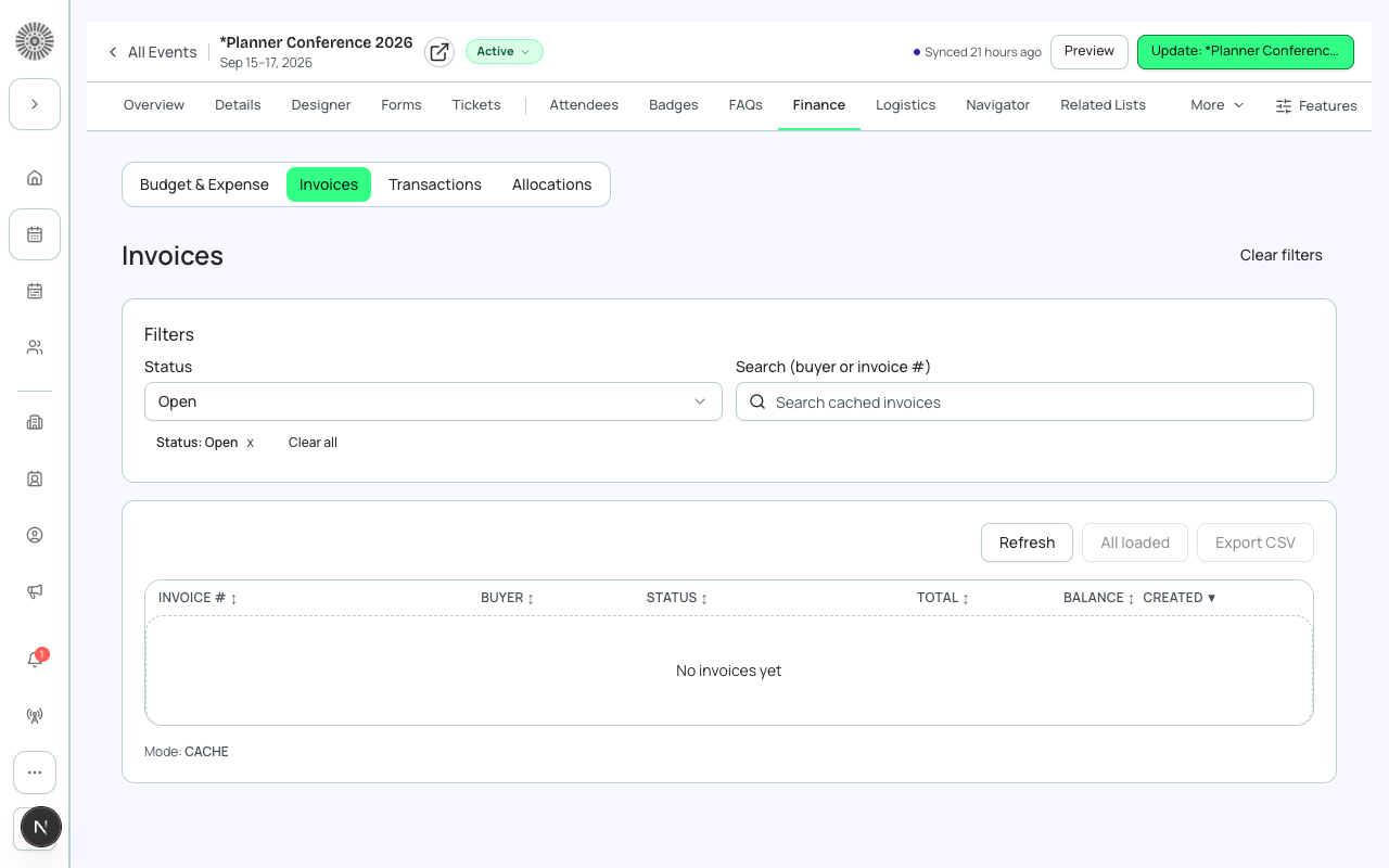 The Invoices tab, with status filters and search.