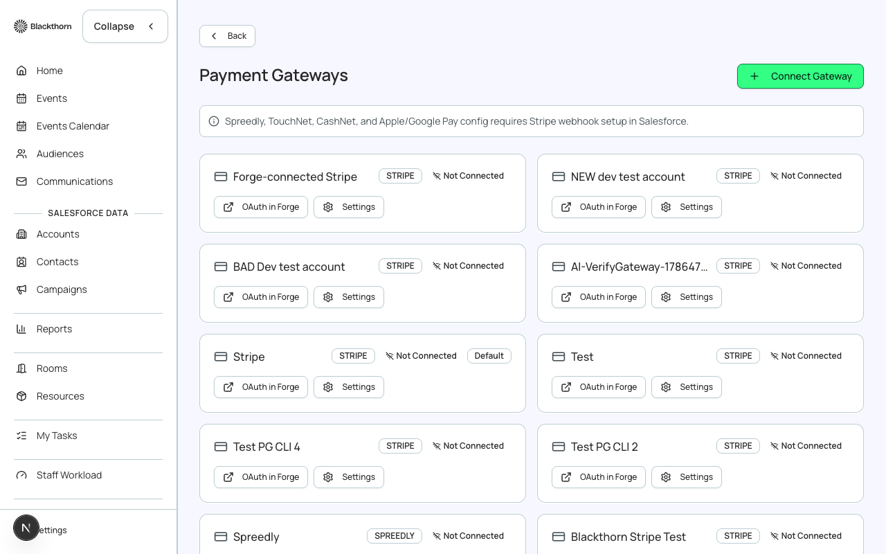 Admin → Payments, showing configured gateway connections. This page is always available, regardless of the Payment Gateways beta flag.