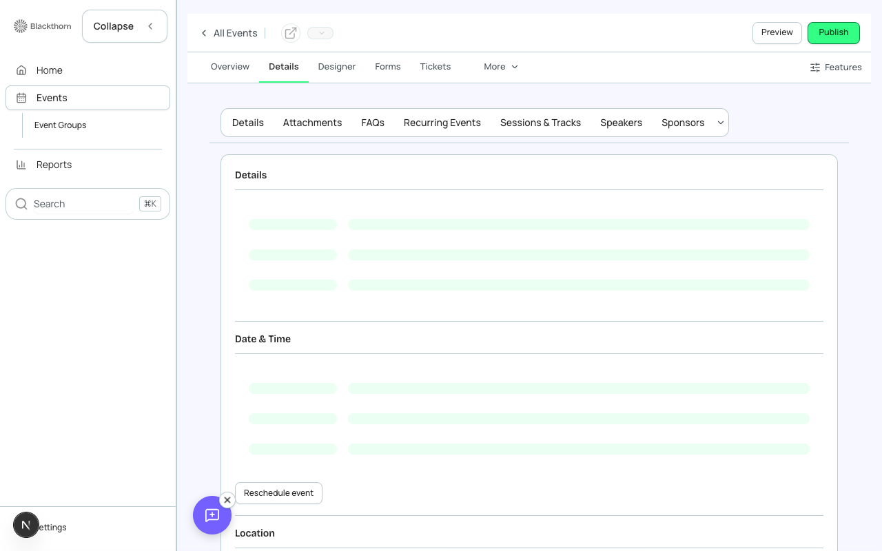 Event Info tab — Visible toggle controls whether the event appears in public listings.