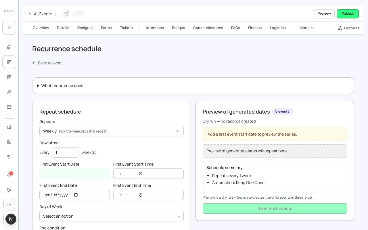 The Recurrence schedule builder, with a weekly repeat pattern and a dry-run preview.
