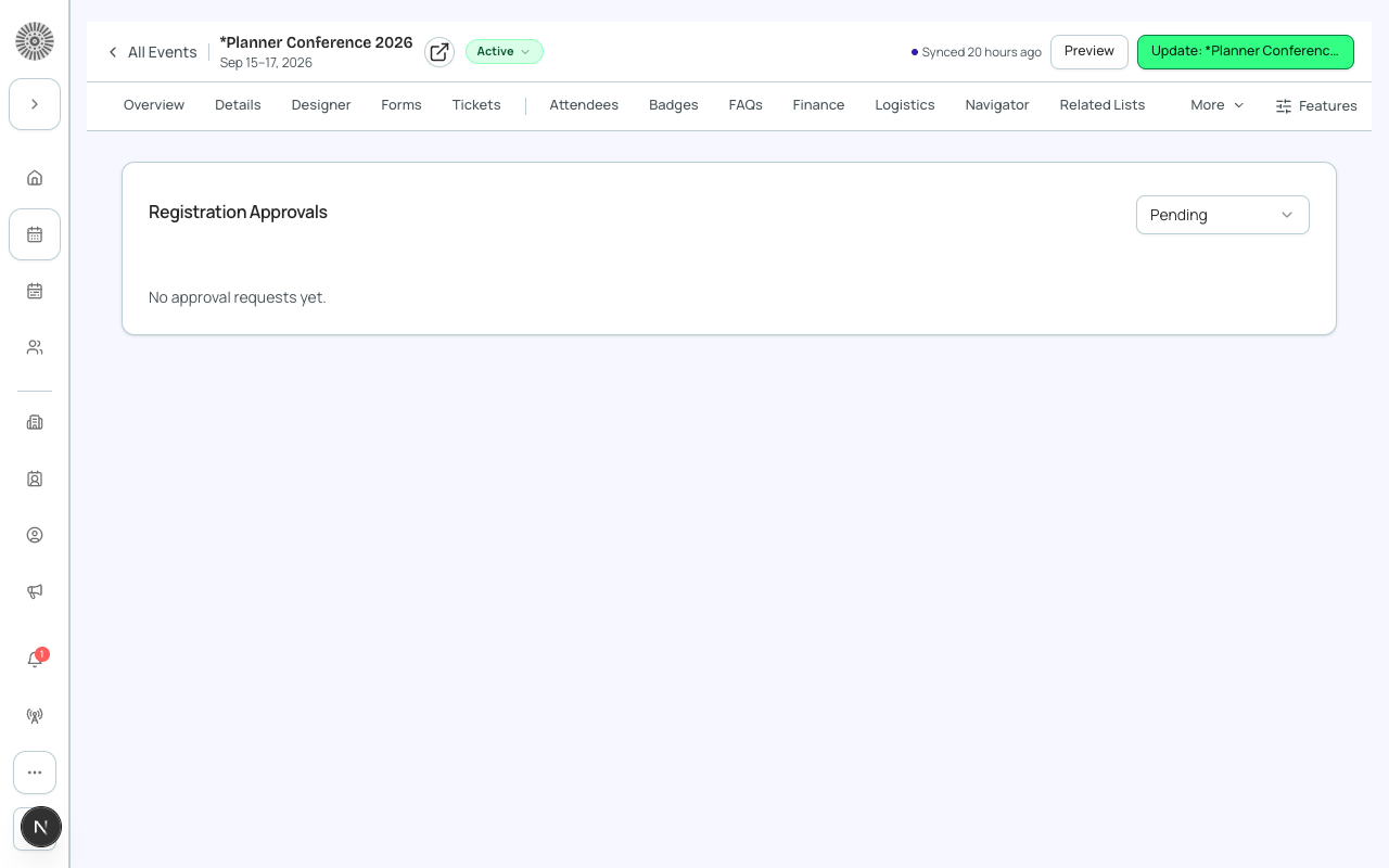 The Registration Approvals tab, on the event's manage shell.