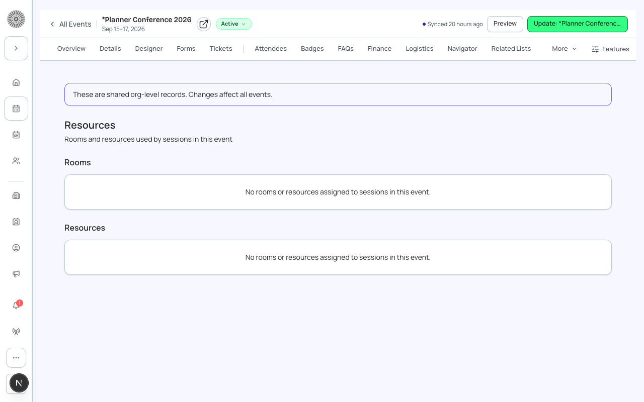 The Resource Management tab, on the event's manage shell.