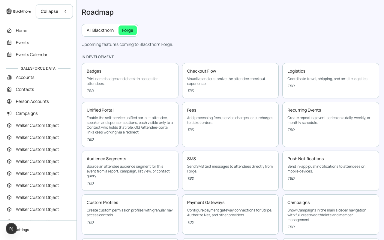 The Roadmap page, showing in-development features as cards.