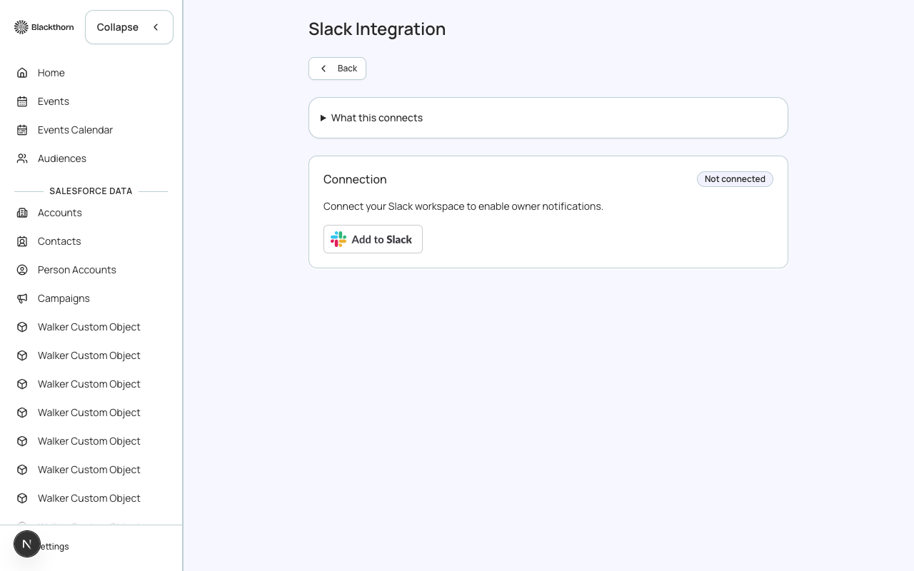 The Slack Integration settings page in its not-connected state, with the Add to Slack button.