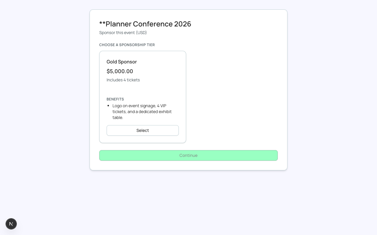 The public sponsorship purchase page, showing an available tier and its price.