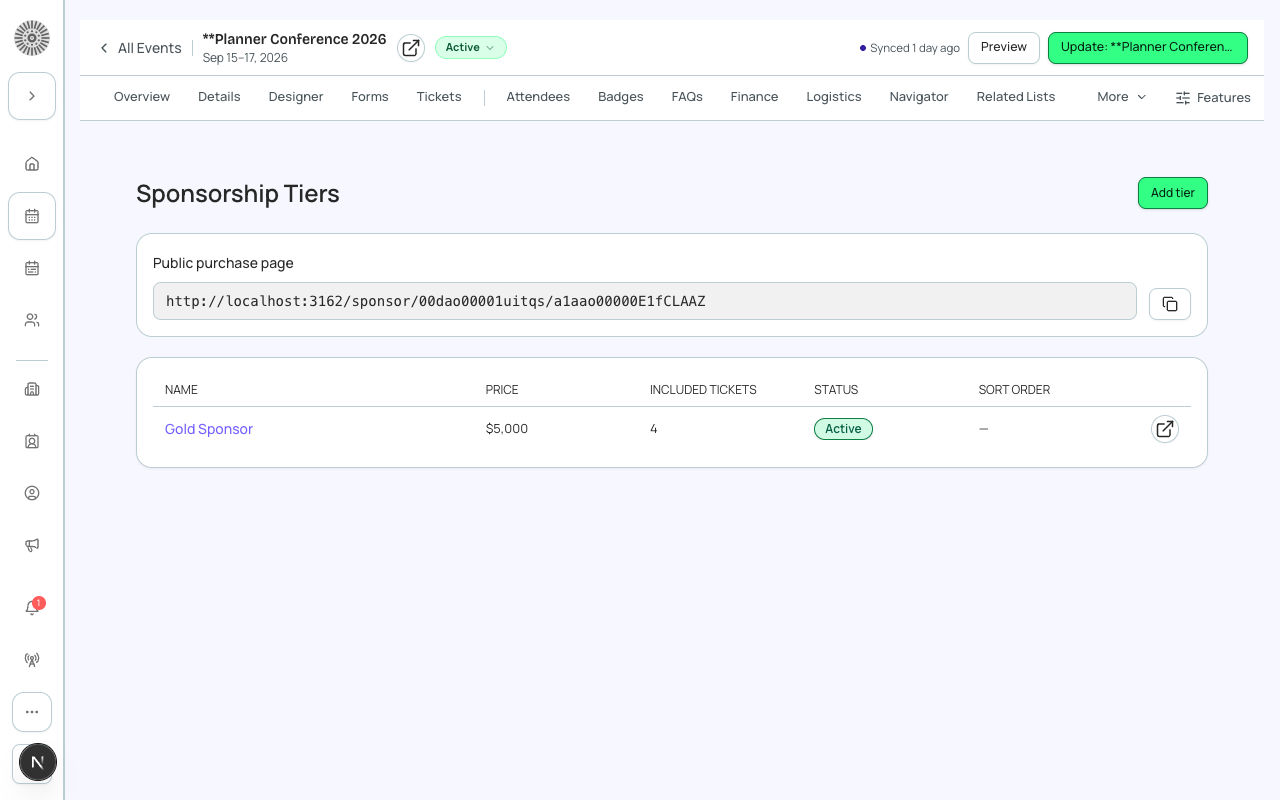 The Sponsorship Tiers tab, showing a defined tier with its price, included tickets, and status.