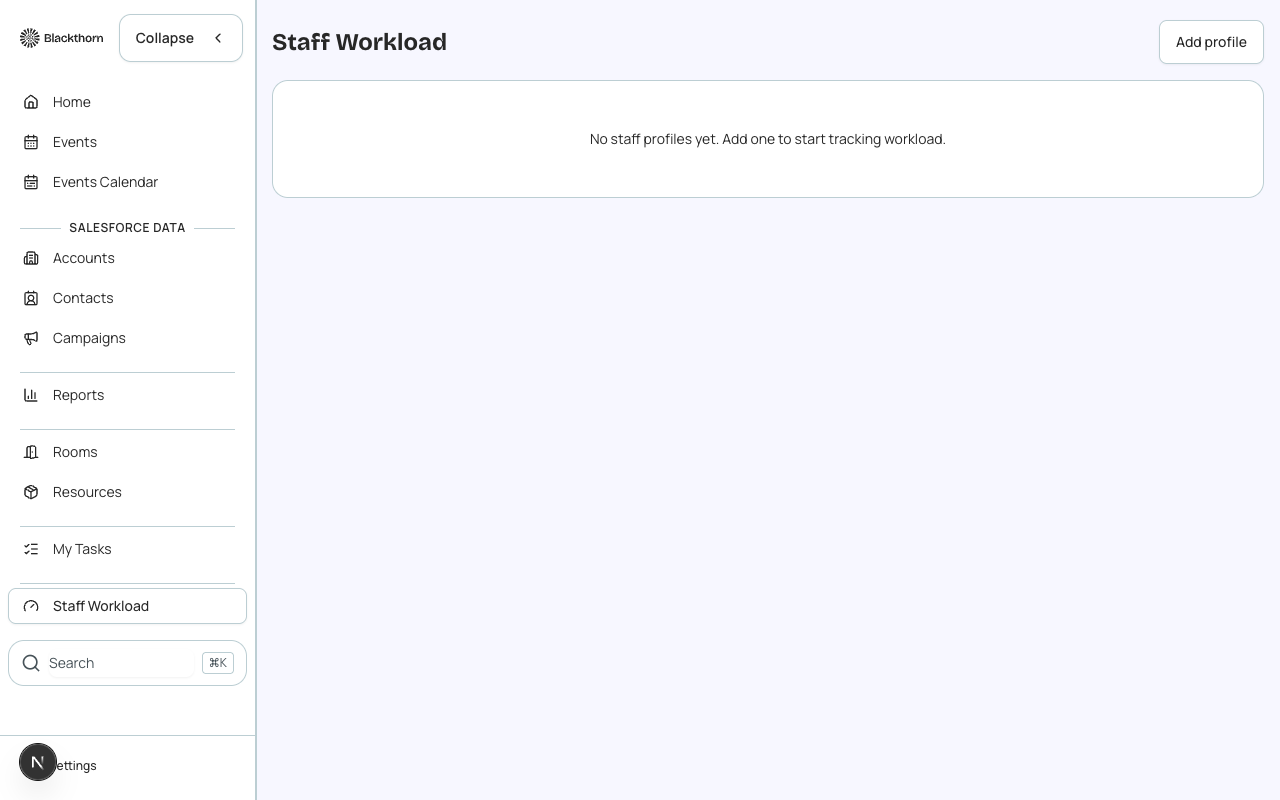 The Staff Workload page. Shown here with no staff profiles yet — click Add profile to start tracking capacity.