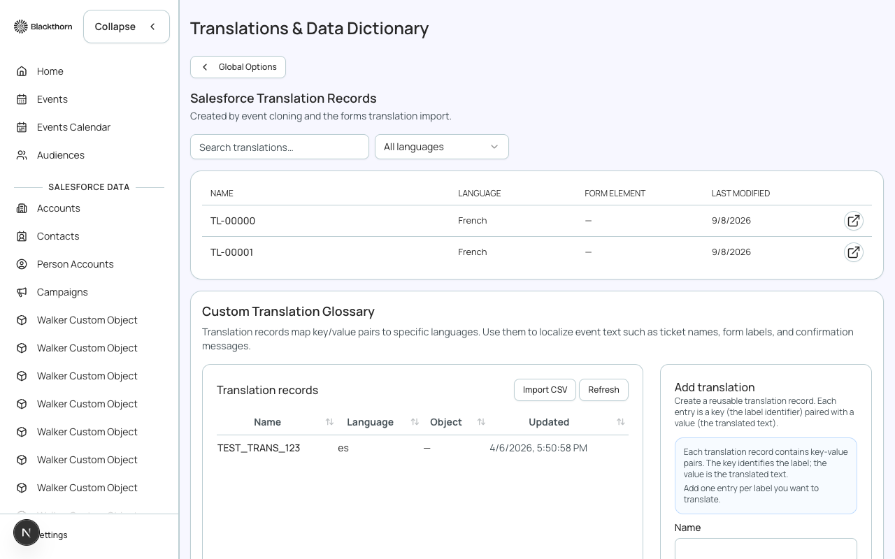 The Translations tab, with Salesforce Translation Records and the Custom Translation Glossary.