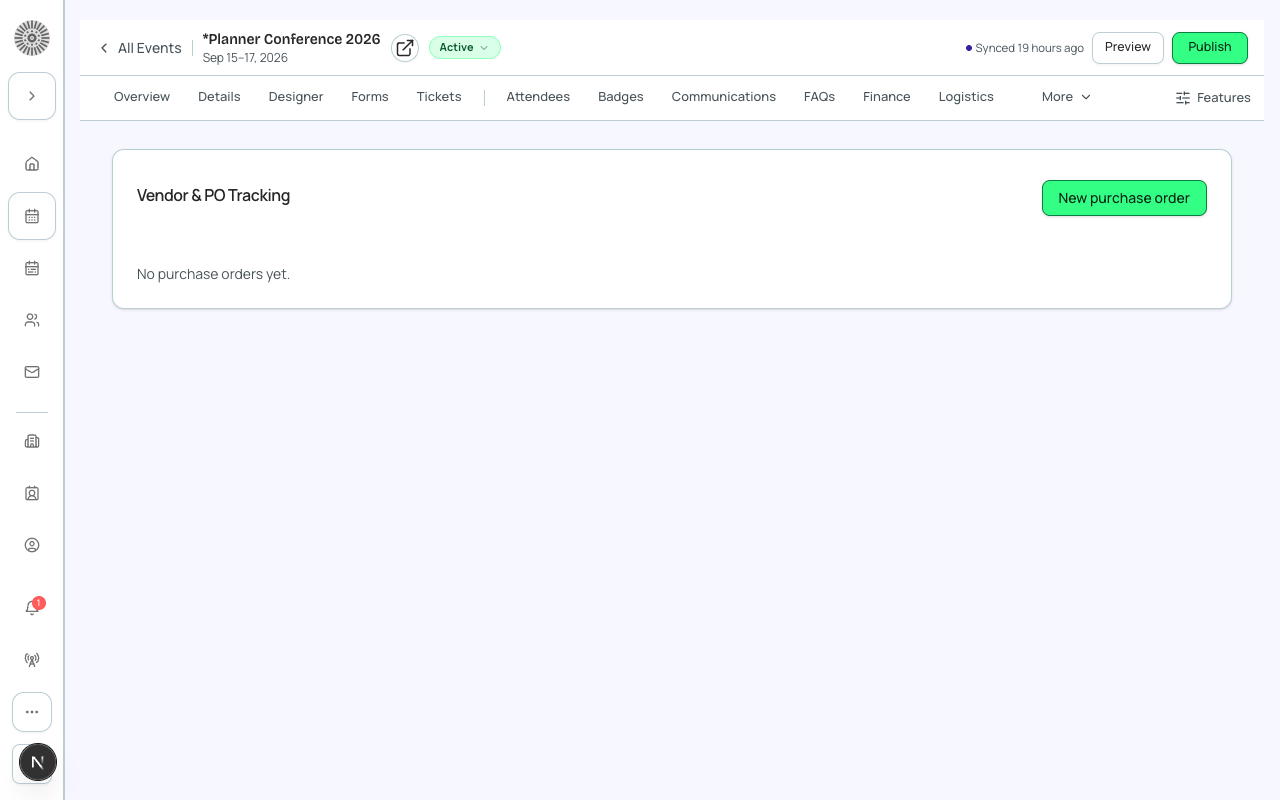 The Vendor & PO Tracking tab, empty state.