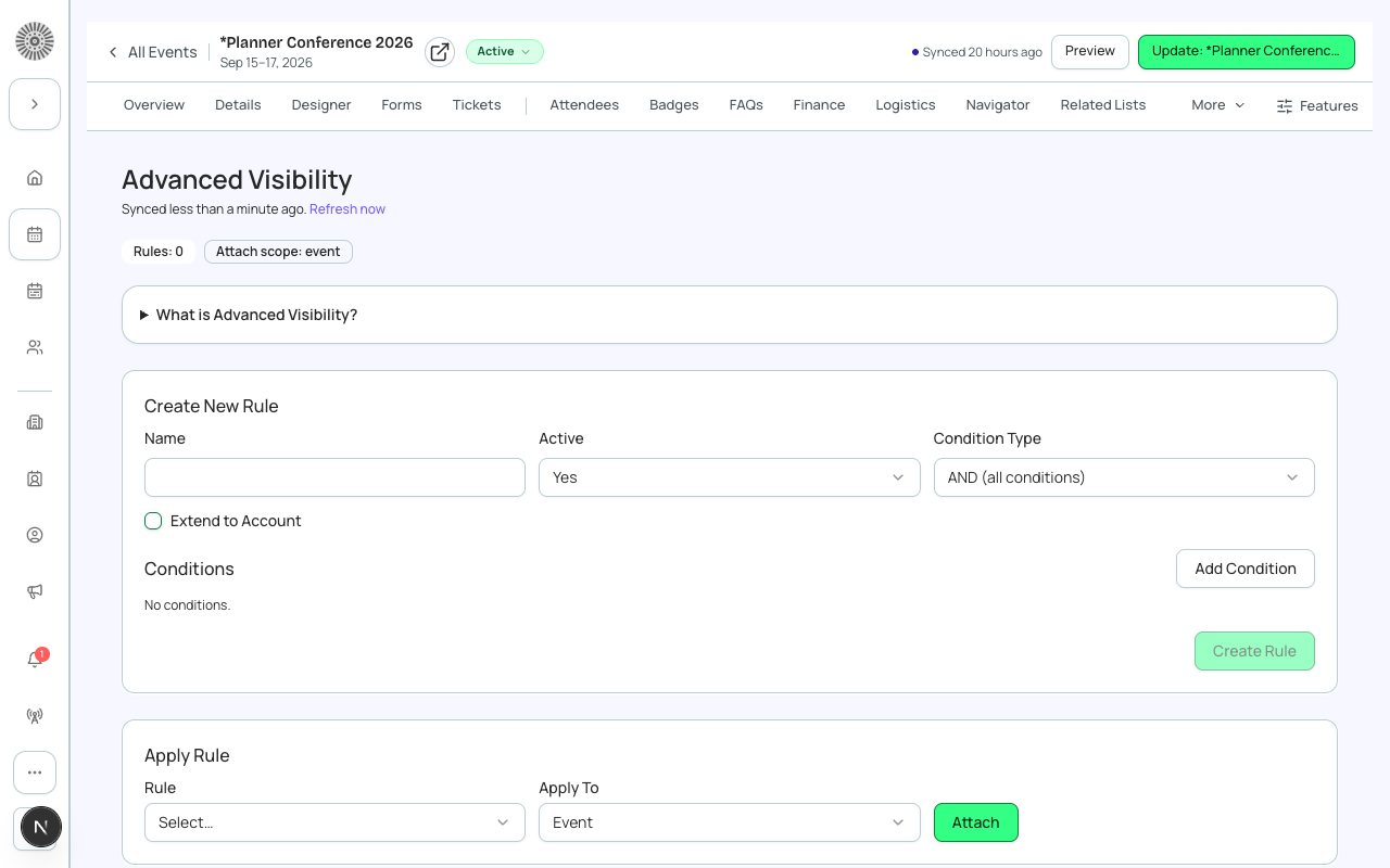 The Visibility tab, on the event's manage shell.