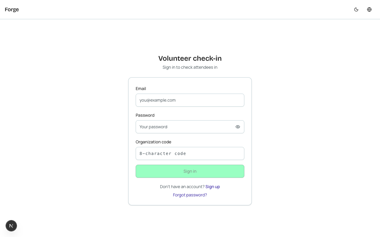 The Volunteer Check-in app's sign-in screen.